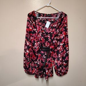 Lane Bryant Blouse Womens 26/28 Black Pink Floral Long Sleeve Flowing Top